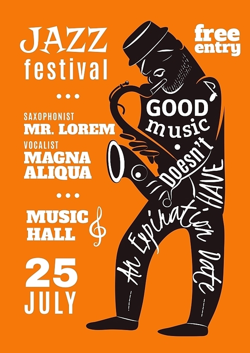 Jazz festival in music hall advertisement bill poster with black musician silhouette and lettering abstract vector illustration