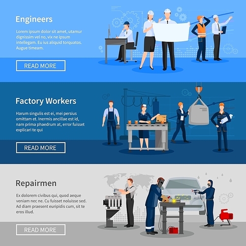 Engineers at work factory workers in workshop and repairmen in car service flat horizontal banners vector illustration