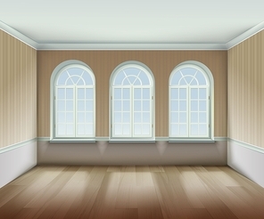 Room With  Arched Windows Background. Interior With Arched Windows Vector Illustration. Arched Windows Design. Room Interior Realistic  Decorative Illustration.