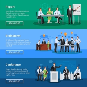 Flat horizontal banners with vector illustration of group of people having conference and meeting for business collaboration and discussion process