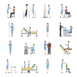 Nurse health care decorative icons set with young and old patients needing in medical help and nurses producing treatment procedures flat vector illustration