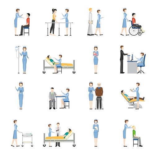 Nurse health care decorative icons set with young and old patients needing in medical help and nurses producing treatment procedures flat vector illustration