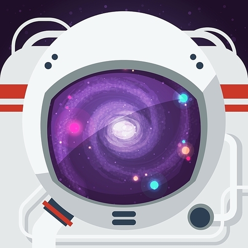 Astronaut wearing space helmet looking at cosmos on background with starry sky flat vector illustration