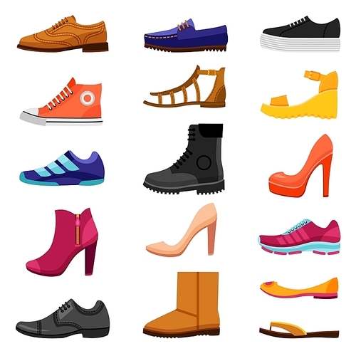 Footwear flat colored icons set of male and female shoes boots sandals for different seasons isolated vector illustration