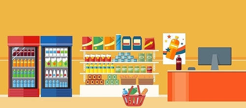 Supermarkets and grocery stores. Retail shop for buy product on shelf, purchase and department food, sale and cart with variety food, interior hypermarket section marketplace, vector illustration