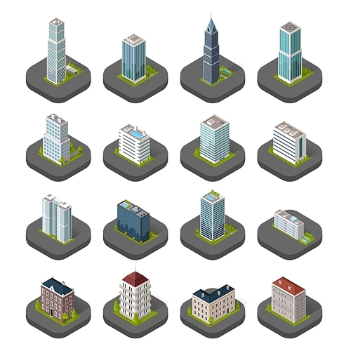 Skyscraper logo building icon. Set of buildings and isolated skyscraper. Isometric tower and office city architecture buildings, 3d house business building, apartment office vector illustration