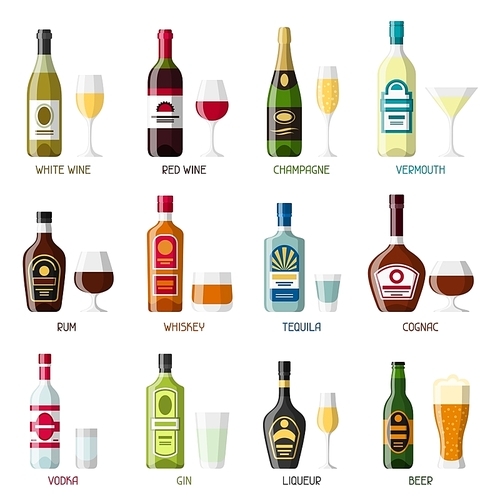 Alcohol drinks icon set. Bottles, glasses for restaurants and bars.