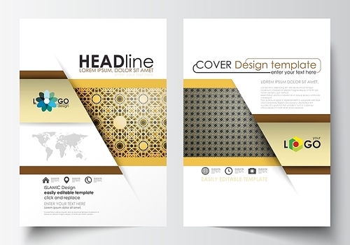 Business templates for brochure, magazine, flyer, booklet or annual report. Cover design template, easy editable blank, flat layout in A4 size. Islamic gold pattern, overlapping geometric shapes forming abstract ornament. Vector golden texture.
