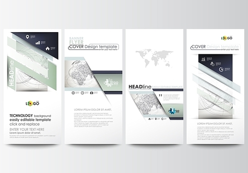 Flyers set, modern banners. Business templates. Cover design template, easy editable, abstract flat layouts. Dotted world globe with abstract construction and polygonal molecules on gray background, vector illustration