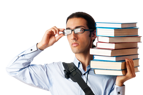 Student with stack of books on white