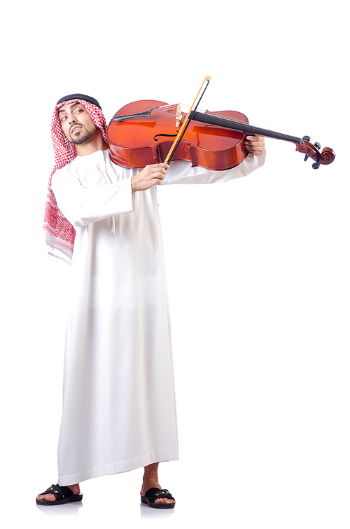 Arab man playing cello isolated on white