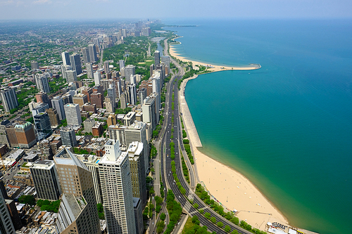 chicago skyline aerial view. no brand names or  objects.