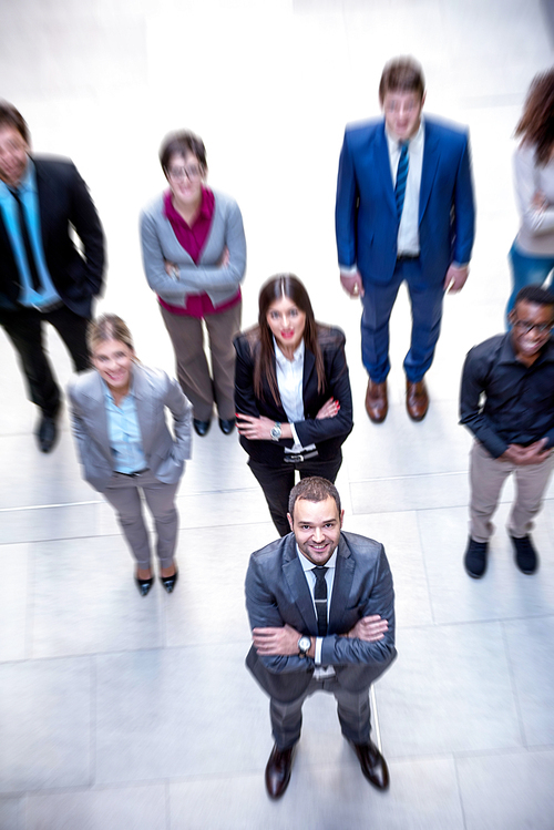 young multi ethnic business people group walking standing and top view