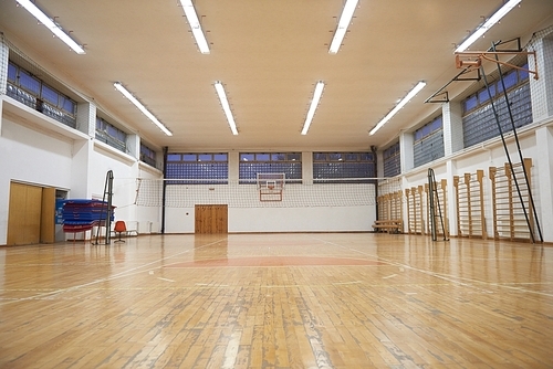 elementary school gym indoor with volleyball net