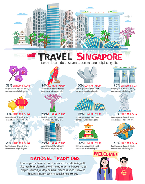 Singapore culture sightseeing tours and national traditions information for travelers infographic flat poster abstract vector illustration