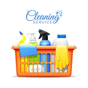 Household cleaning products and accessories in basket realistic pictogram with detergent spay and rubber gloves abstract vector illustration