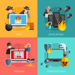 Hacker 2x2 flat design concept with spam phishing ddos attack and computer viruses threats for computer systems icons compositions vector illustration