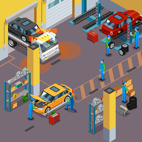 Car service top view isometric concept with workers repairing automobiles in vehicle service center vector illustration