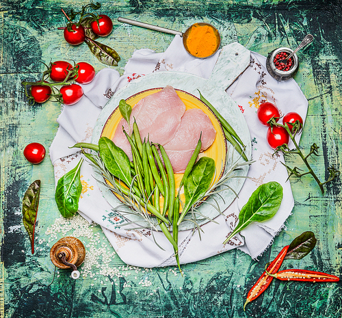 Chicken breast with string bean and ingredients for cooking on rustic wooden background, top view. Diet and health food concept