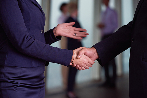 partnership concept with senior  business man and woman make hand shake and take agreement in modern office interior