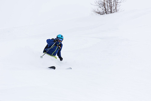 extreme freeride skier skiing on fresh powder snow in forest downhill at winter season