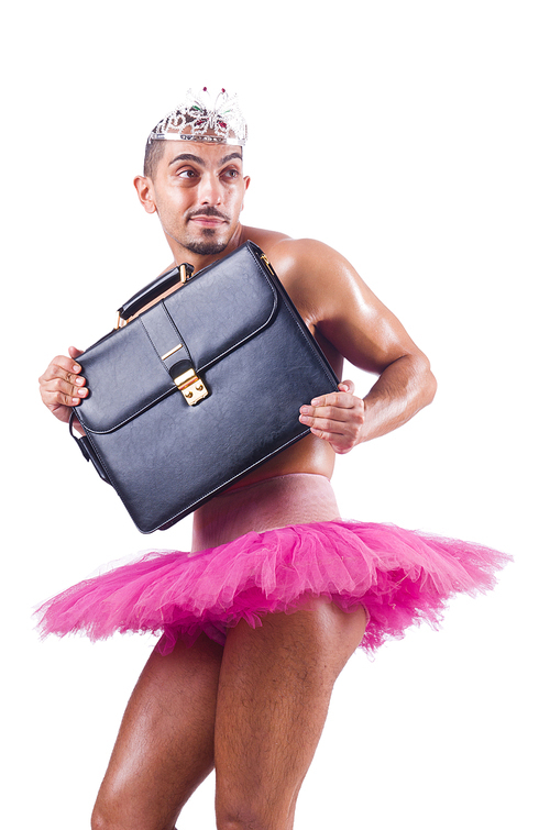 Man in tutu with briefcase on white