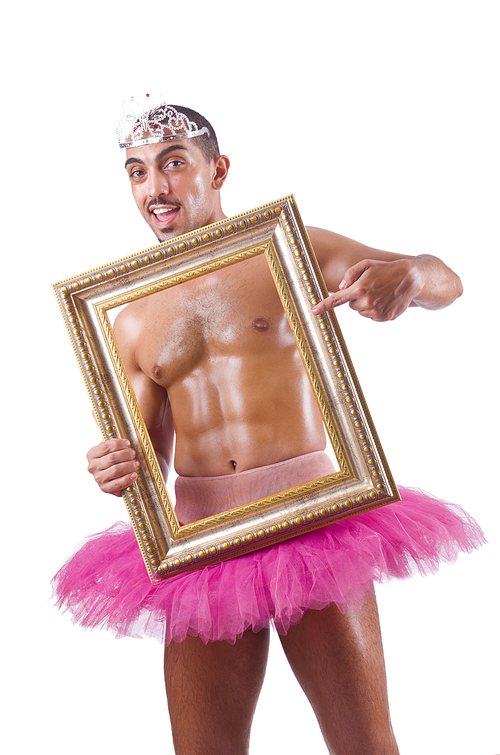 Man in pink tutu with picture frame
