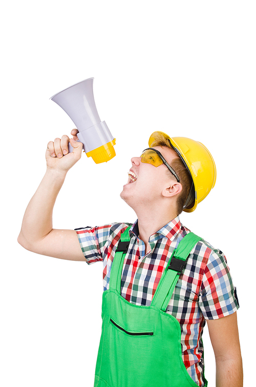 Funny construction worker with loudspeaker on white