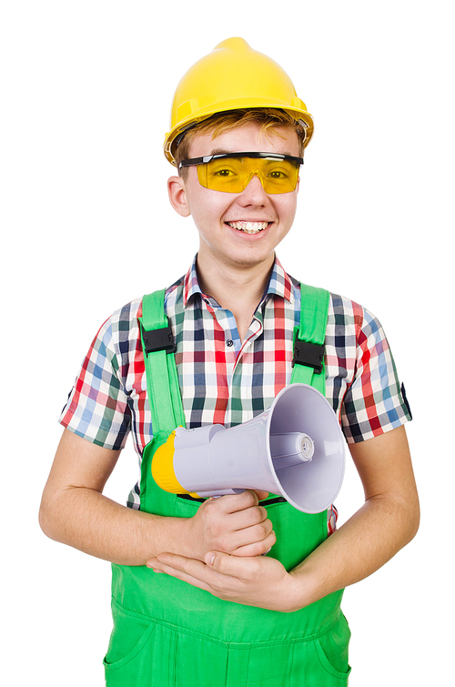 Funny construction worker with loudspeaker on white