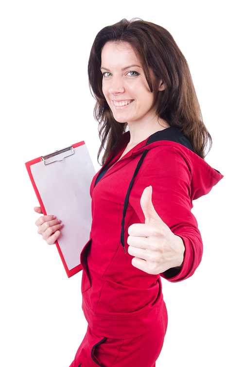 Young woman with notepad on white