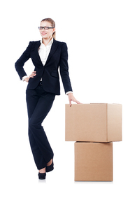 Woman businesswoman with boxes on white