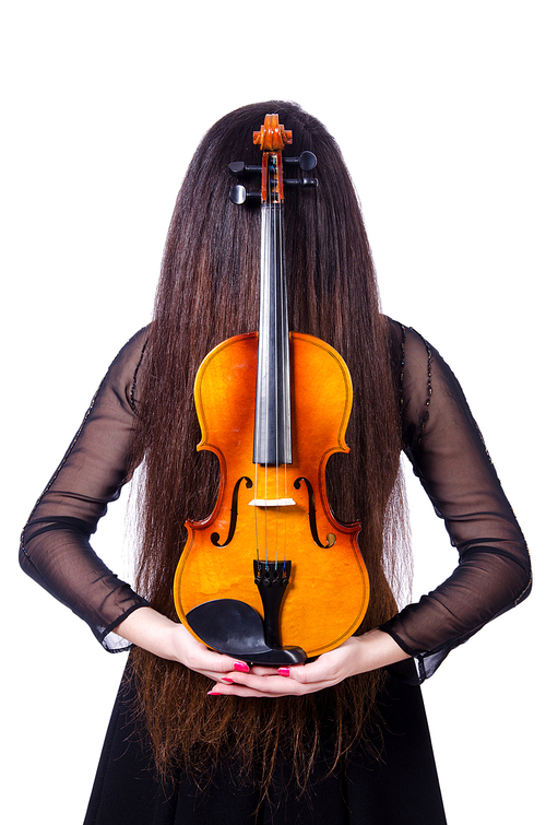 Young performer with violin on white