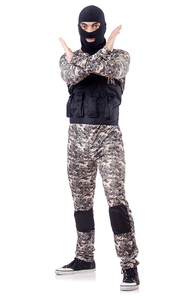Soldier in camouflage isolated on white