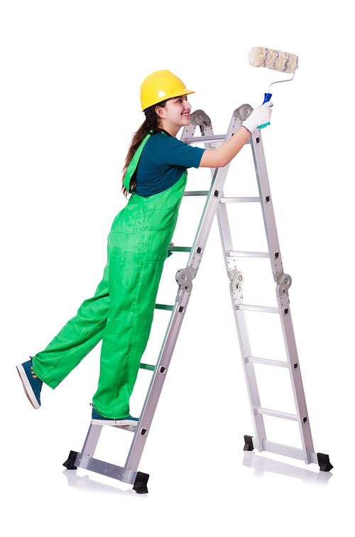 Woman painter with paintbrush on white