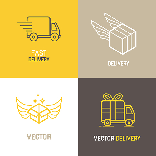 Vector express delivery service logo design elements in trendy linear style - set of flat trucks and boxes emblems