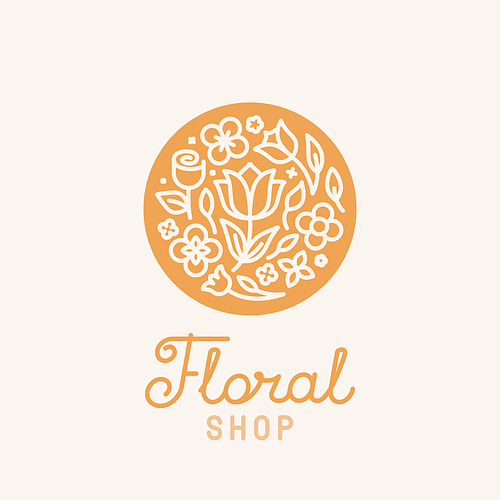 Vector simple and elegant logo design template in trendy linear style - abstract emblem for floral shops or studios, wedding florists, creators of custom floral arrangements - circle with flowers and leaves