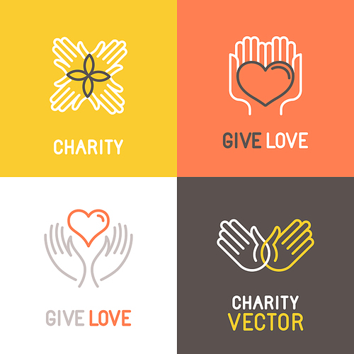 Vector charity and volunteer concepts and logo design elements in trendy linear style - emblems and signs for nonprofit and philanthropic organizations and centers
