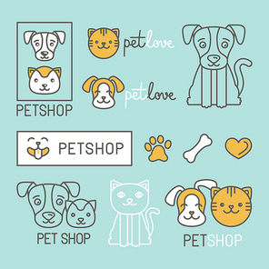 Vector set of icons, character and logo design elements for pet shops and veterinary clinics - concepts and illustrations in trendy linear style -cats and dogs icons and signs