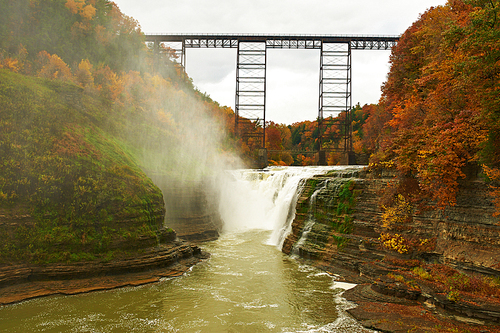 Autumn scene landscape of waterfalls and gorge at Letchworth State Park