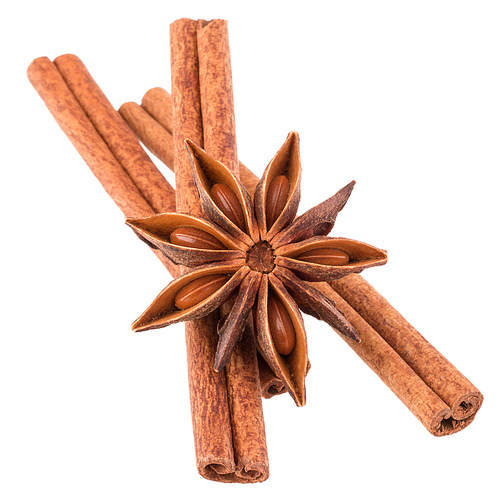 cinnamon stick and star anise spice isolated on white closeup