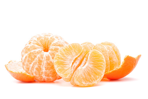 Peeled tangerine or mandarin fruit isolated on white cutout