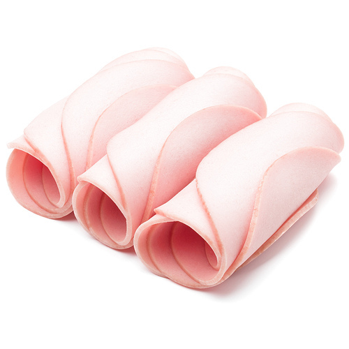 cooked boiled ham sausage or rolled bologna slices isolated on white cutout