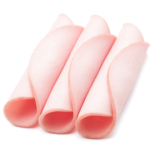 cooked boiled ham sausage or rolled bologna slices isolated on white cutout