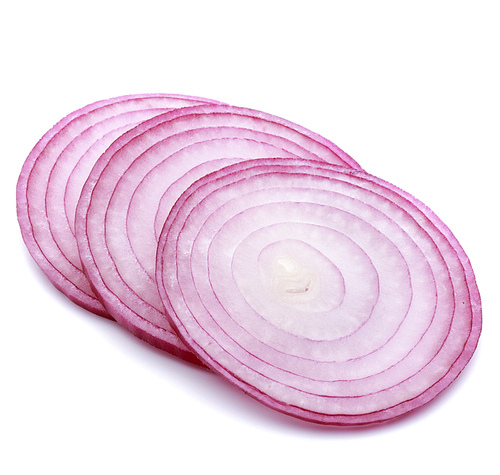 Sliced red onion rings isolated on white cutout