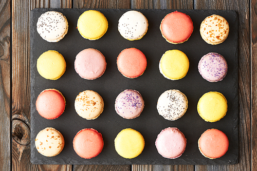 French delicious dessert macaroons on table