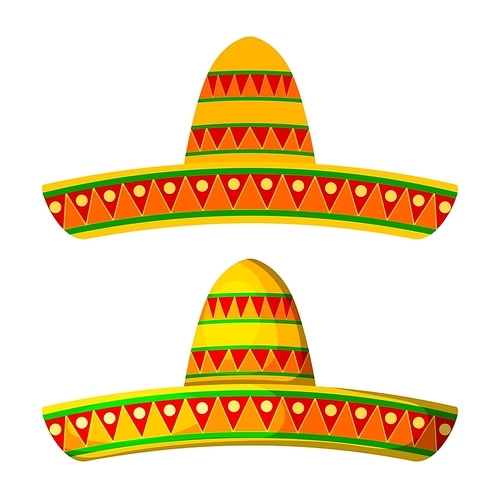 Two Colored Cartoon sombrero on a white background. Isolate. Wide-brimmed hat - element of the national Mexican clothing. Stock vector