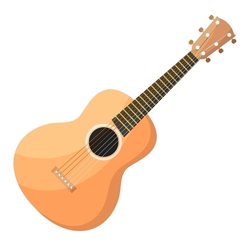 Classical acoustic wooden Cartoon guitar with strings on a white background. Isolate plucked musical instrument. Stock vector illustration