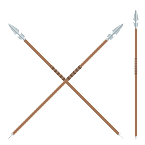 The ancient spear with a metal blade and a wooden handle on a white background.  The 
subject of hunting or war. Weapons of ancient man. Stock vector illustration