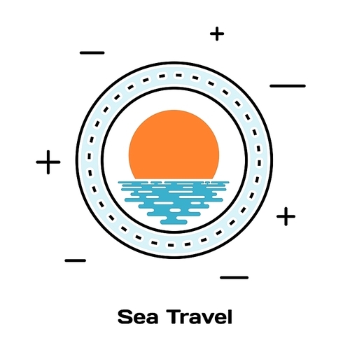 Porthole ship and sunset on the water. Schematic illuminator. Line style art. Stock vector 
illustration