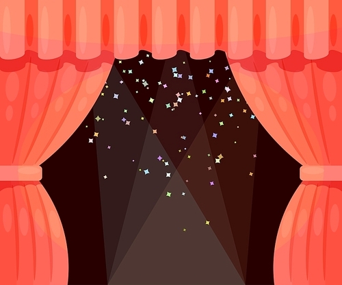 Vector Cartoon theater with open curtain and rays of spotlights, falling stars. Color illustration theater. Stock vector illustration